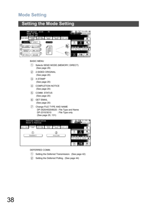 Page 38Mode Setting
38
Setting the Mode Setting
BASIC MENUSelects SEND MODE (MEMORY, DIRECT)
 (See page 29)
2-SIDED ORIGINAL
 (See page 20)
X-STAMP
 (See page 20)
COMPLETION NOTICE
 (See page 20)
COMM. STATUS
 (See page 20)
GET EMAIL
 (See page 20)Cha nge  FILE  TYPE AND NA ME
D P-3 520 /45 20/ 6020  : F ile  T ype  and  N am e
D P-2 310 /30 10            : F ile  T ype  only
(See  pa ge  20 , 13 1) 
DEFERRED COMM. Setting the Deferred Transmission.  (See page 42)
Setting the Deferred Polling.  (See page 44)...