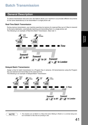 Page 4141
Facsimile
Features
Batch Transmission
To reduce transmission time and cost, this feature allows your machine to accumulate different documents
for the same destination(s) to be transmitted in a single phone call.
Real-Time Batch Transmission
During memory transmission, your machine searches its memory for reserved files (up to 5 files) to transmit
to the same destination, automatically batching and transmitting them in a single phone call.
The following is an example of Real-time Batch Transmission....