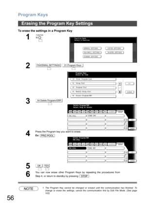 Page 56Program Keys
56
To erase the settings in a Program Key
NOTE1. The Program Key cannot be changed or erased until the communication has finished. To
change or erase the settings, cancel the communication first by Edit File Mode. (See page
103)
Erasing the Program Key Settings
1
 
2 
3
4
Press the Program key you want to erase.
Ex:
5
6
You can now erase other Program Keys by repeating the procedures from
Step 4, or return to standby by pressing  .
Function Mode
Select A Function
GENERAL SETTINGS
FAX/EMAIL...