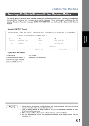 Page 61Confidential Mailbox
61
Facsimile
Features
No special setting is required, your machine comes with this feature ready to use.  Your machine receives a
confidential fax the same way it receives a normal fax message.  When receiving the confidential fax, the
display shows the following message (CONF. RCV REPORT) and prints out the Confidential Receive
Report.
Sample CONF. RCV Report
Explanation of Contents
NOTE1. If your machine receives two confidential faxes with same confidential code, both documents...