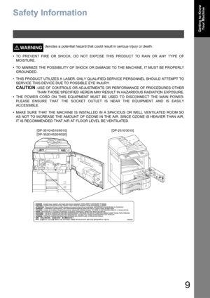 Page 99
Getting to Know
Your Machine
Getting to Know Your Machine
Safety Information
WARNING!denotes a potential hazard that could result in serious injury or death.
• TO PREVENT FIRE OR SHOCK, DO NOT EXPOSE THIS PRODUCT TO RAIN OR ANY TYPE OF
MOISTURE.
• TO MINIMIZE THE POSSIBILITY OF SHOCK OR DAMAGE TO THE MACHINE, IT MUST BE PROPERLY
GROUNDED.
• THIS PRODUCT UTILIZES A LASER. ONLY QUALIFIED SERVICE PERSONNEL SHOULD ATTEMPT TO
SERVICE THIS DEVICE DUE TO POSSIBLE EYE INJURY.
CAUTION -USE OF CONTROLS OR...