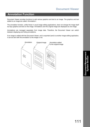 Page 111Document Viewer
111
Document Management 
System Section
Document Viewer provides functions to add various graphics and text to an image. The graphics and text
added to an image are called .
The annotation function, unlike those in usual image editing applications, does not change the image itself
but lays graphics and text on the image. Annotations and the original image are displayed as one image.
Annotations are managed separately from image data. Therefore, the Document Viewer can switch
between...