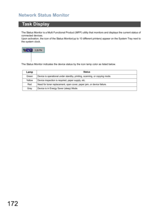 Page 172Network Status Monitor
172
The Status Monitor is a Multi Functional Product (MFP) utility that monitors and displays the current status of
connected devices.
Upon activation, the icon of the Status Monitor(up to 10 different printers) appear on the System Tray next to
the system clock.
The Status Monitor indicates the device status by the icon lamp color as listed below.
Ta s k  D i s p l a y
LampStatus
Green Device is operational under standby, printing, scanning, or copying mode.
Yellow Device...