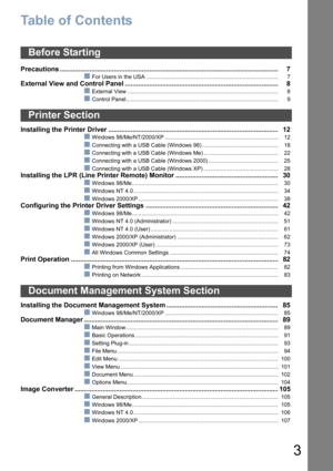 Page 33
Table of Contents
Precautions .....................................................................................................................7
For Users in the USA ..................................................................................... 7
External View and Control Panel .................................................................................. 8
External View ................................................................................................. 8
Control...
