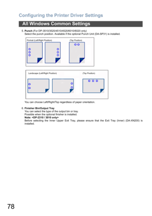 Page 78Configuring the Printer Driver Settings
78
All Windows Common Settings
5.Punch (For DP-3510/3520/4510/4520/6010/6020 only)
Select the punch position. Available if the optional Punch Unit (DA-SP31) is installed.
You can choose Left/Right/Top regardless of paper orientation.
6.Finisher Bin/Output Tray
You can select the type of the output bin or tray.
Possible when the optional finisher is installed.
Note: 
Before selecting the Inner Upper Exit Tray, please ensure that the Exit Tray (Inner) (DA-XN200) is...