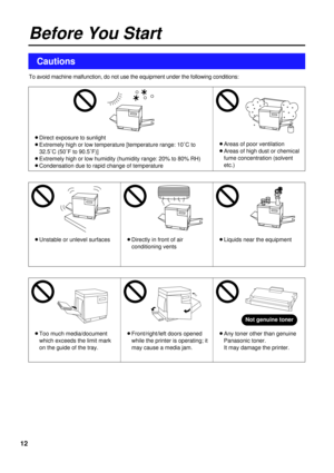 Page 1212
To avoid machine malfunction, do not use the equipment under the following conditions:
Cautions
Before You Start
BLiquids near the equipment BUnstable or unlevel surfacesBDirectly in front of air
conditioning vents BDirect exposure to sunlight
BExtremely high or low temperature [temperature range: 10˚C to
32.5˚C (50˚F to 90.5˚F)]
BExtremely high or low humidity (humidity range: 20% to 80% RH)
BCondensation due to rapid change of temperatureBAreas of poor ventilation
BAreas of high dust or chemical...