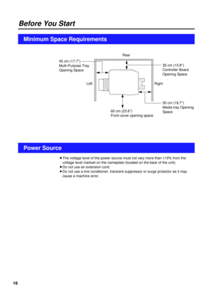 Page 1616
Before You Start
Minimum Space Requirements
Power Source
BThe voltage level of the power source must not vary more than ±10% from the
voltage level marked on the nameplate (located on the back of the unit).
BDo not use an extension cord.
BDo not use a line conditioner, transient suppressor or surge protector as it may
cause a machine error.Left RightRear
35 cm (13.8²)
Controller Board 
Opening Space 45 cm (17.7²) 
Multi-Purpose Tray
Opening Space
60 cm (23.6²) 
Front cover opening space50 cm (19.7²)...