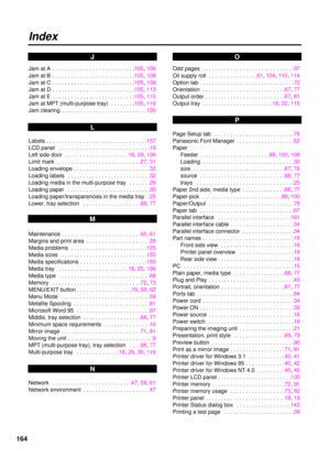 Page 164164
Index
Jam at A  . . . . . . . . . . . . . . . . . . . . . . . . . . .105,106
Jam at B  . . . . . . . . . . . . . . . . . . . . . . . . . . .105, 108
Jam at C  . . . . . . . . . . . . . . . . . . . . . . . . . . .105, 109
Jam at D  . . . . . . . . . . . . . . . . . . . . . . . . . . .105,113
Jam at E  . . . . . . . . . . . . . . . . . . . . . . . . . . .105, 115
Jam at MPT (multi-purpose tray)  . . . . . . . .105, 116
Jam clearing  . . . . . . . . . . . . . . . . . . . . . . . . . . . .105
Labels . ....