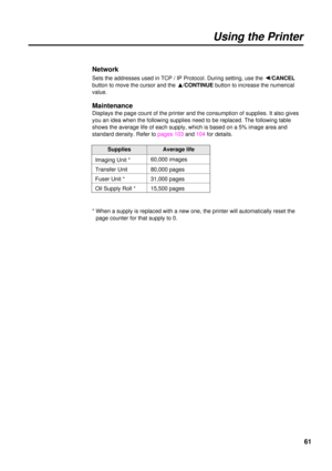 Page 6161 Network
Sets the addresses used in TCP / IP Protocol. During setting, use the I/CANCEL
button to move the cursor and the F/CONTINUEbutton to increase the numerical
value.
Maintenance
Displays the page count of the printer and the consumption of supplies. It also gives
you an idea when the following supplies need to be replaced. The following table
shows the average life of each supply, which is based on a 5% image area and
standard density. Refer to pages 103 and104for details.
* When a supply is...