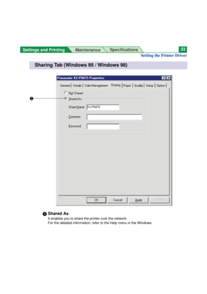 Page 33Settings and Printing 
MaintenanceSpecifications33
#Shared As
It enables you to share the printer over the network. 
For the detailed information, refer to the Help menu in the Windows.
Sharing Tab (Windows 95 / Windows 98)
#
Setting the Printer Driver 