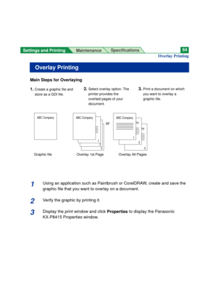 Page 64Settings and Printing 
MaintenanceSpecifications64
Overlay Printing
Overlay Printing
1. Create a graphic file and
store as a GDI file.
Graphic file Overlay All PagesOverlay 1st Page2. Select overlay option. The
printer provides the
overlaid pages of your
document.3. Print a document on which
you want to overlay a
graphic file.
Main Steps for Overlaying
1Using an application such as Paintbrush or CorelDRAW, create and save the
graphic file that you want to overlay on a document.
2Verify the graphic by...