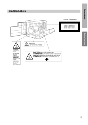Page 55
CAUTION:HOT SURFACE
INSIDE
ATTENTION:SURFACE
CHAUDE
CI-INTERIEUR
VORSICHT:HEISSE FLÄCHE
INTERN
ATENCION:SUPERFICIE
CALIENTE
EN EL INTERNO
CAUTION:
HOT SURFACE INSIDE
CAUTION:HOT SURFACE BELOWATTENTION:SURFACE CHAUDE CI-DESSOUSVORSICHT:HEIßE OBERFLÄCHE DARUNTERATENCION:SUPERFICIE CALIENTE ABAJO
Caution Labels
(220-240 V equipment)
CLASS
KLASSE
CLASSE
CLASE1 LASER PRODUCT
1 LASER PRODUKT
1 LASER PRODUIT
1 LÁSER PRODUCTO
Before You Start
Setup Guide 