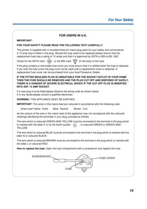 Page 1515 For Your  Safety
FOR USERS IN U.K.
IMPORTANT:
FOR YOUR SAFETY PLEASE READ THE FOLLOWING TEXT CAREFULLY
This printer is supplied with a moulded three pin mains plug each for your safety and convenience. 
A 13 amp fuse is fitted in this plug. Should the fuse need to be replaced please ensure that the 
replacement fuse has a rating of 13 amps and that it is approved by ASTA or BSI to BS 1362.
Check for the ASTA mark   or the BSI mark   on the body of the fuse.
If the plug contains a removable fuse cover...
