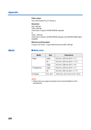 Page 206206 Appendix
Paper output
Up to 500 sheets [75 g/m
2 (20 lbs.)]
Resolution
600 x 600 dpi, 
1200 x 600 dpi 
(more than or equal to 48 MB SDRAM required)
or 
1200 x 1200 dpi 
(more than or equal to 48 MB SDRAM required, with SDRAM DIMM option 
installed)
Maximum printing speed
3.5 ppm (Full Color), 14 ppm (Monochrome) at 600 x 600 dpi
n Media sizes
NOTE:
•Please store your paper according to the recommendations of the 
manufacturer.
MediaSizeDimensions
Paper Letter 216 mm x 279 mm (8.5 x 11)
A4 210 mm x...