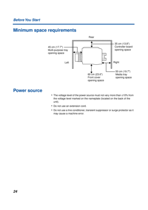 Page 2424 Before You  Start
Minimum space requirements 
Power source
•The voltage level of the power source must not vary more than ±10% from 
the voltage level marked on the nameplate (located on the back of the 
unit).
•Do not use an extension cord.
•Do not use a line conditioner, transient suppressor or surge protector as it 
may cause a machine error.
Rear
Right
Left 45 cm (17.7)
Multi-purpose tray
opening space
35 cm (13.8)
Controller board
opening space
50 cm (19.7)
Media tray
opening space
60 cm (23.6)...