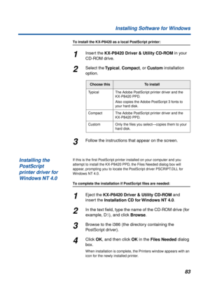 Page 8383 Installing Software for Windows
To install the KX-P8420 as a local PostScript printer:
1Insert the KX-P8420 Driver & Utility CD-ROM in your 
CD-ROM drive.
2Select the Typical, Compact, or Custom installation 
option.
3Follow the instructions that appear on the screen.
If this is the ﬁrst PostScript printer installed on your computer and you 
attempt to install the KX-P8420 PPD, the Files Needed dialog box will 
appear, prompting you to locate the PostScript driver PSCRIPT.DLL for 
Windows NT 4.0.
To...