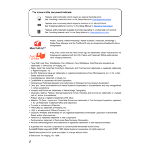 Page 2 2  Adobe, Acrobat, Adobe Photoshop, Adobe Illustrator, PostScript, PostScri\
pt 3, 
Adobe Type Manager and the PostScript 3 logo are trademarks of Adobe Sys\
tems 
Incorporated.
Fiery, Fiery Driven and the Fiery Driven logo are trademarks owned by El\
ectronics for 
Imaging and registered with the U.S. Patent and Trademark Office and in \
certain 
other foreign jurisdictions.
• Fiery WebTools, Fiery WebSpooler, Fiery WebLink, Fiery WebStatus, ColorW\
ise and VisualCal are  trademarks of Electronics for...