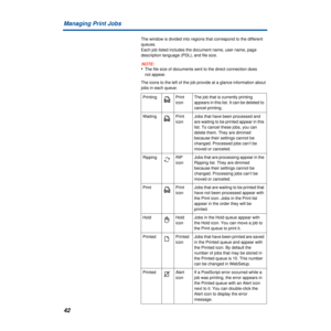 Page 4242 Managing Print Jobs
The window is divided into regions that correspond to the different 
queues.
Each job listed includes the document name, user name, page 
description language (PDL), and file size. 
NOTE:
•The file size of documents sent to the direct connection does 
not appear.
The icons to the left of the job provide at a glance information about 
jobs in each queue:
Printing Print 
iconThe job that is currently printing 
appears in this list. It can be deleted to 
cancel printing.
Waiting Print...