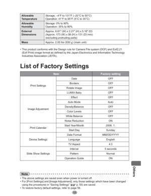Page 105105
Others
Note
•  The above settings are saved even when power is turned off.
•  For [Print Settings] and [Image Adjustment], only those settings which have been changed 
using the procedures in “Saving Settings” (
 p. 55) are saved.
•  To restore factory default settings, refer to page 56.
Allowable
TemperatureStorage: –4°F to 131°F (–20°C to 55°C)
Operation: 41°F to 95°F (5°C to 35°C)
Allowable
HumidityStorage: 0% to 90%
Operation: 35% to 80%
External
DimensionsApprox. 6.81Ž (W) x 2.21Ž (H) x 5.16Ž...