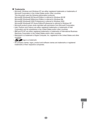 Page 107107
Others
„ Trademarks
•  Microsoft, Windows and Windows NT are either registered trademarks or trademarks of 
Microsoft Corporation in the United States and/or other countries.
This document uses the following abbreviation protocols:
Microsoft® Windows® 98 Second Edition is referred to Windows 98 SE
Microsoft® Windows® Millennium Edition is referred to Windows Me
Microsoft® Windows® 2000 Professional is referred to Windows 2000
Microsoft® Windows® XP Home Edition/Professional is referred to Windows XP...