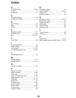 Page 108108
Index
A
ACCESS Lamp ..................................... 13, 93
Air Vent ....................................................... 14
Auto Mode .................................................. 51
C
Calendar Printing ........................................ 69
Composite Printing ..................................... 76
D
Date Printing ............................................... 42
DCF .......................................................... 105...