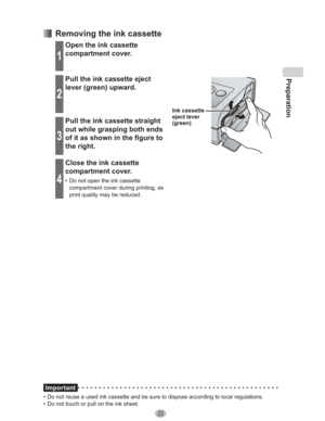 Page 23Preparation
23
  Removing the ink cassette
1
Open the ink cassette 
compartment cover.
2
Pull the ink cassette eject 
lever (green) upward.
Ink cassette 
eject lever 
(green)
3
Pull the ink cassette straight 
out while grasping both ends 
of it as shown in the figure to 
the right.
4
Close the ink cassette 
compartment cover.
•  Do not open the ink cassette 
compartment cover during printing, as 
print quality may be reduced.
Important
•  Do not reuse a used ink cassette and be sure to dispose according...