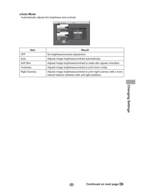 Page 51Changing Settings
51
” Auto  Mode
Automatically adjusts the brightness and contrast.
Item Result
OFF No brightness/contrast adjustment.
Auto Adjusts image brightness/contrast automatically.
Soft Skin Adjusts image brightness/contrast to make skin appear smoother.
Vividness Adjusts image brightness/contrast to print more vividly.
Night Scenery Adjusts image brightness/contrast to print night scenery with a more 
natural balance between dark and light positions.
Continued on next page 