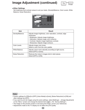 Page 5252
Note
•  Factory settings for [Effect] is [OFF], [Auto Mode] is [Auto], [Noise Reduction] is [ON] and 
other settings are [OFF].
•
If you want to print all images using the same settings, select [Settings] : [Image Adjustment] 
on the “Menu” screen and change the desired items (
 p. 55, “Saving Settings”).
•  The image on the preview screen is not exact print image, just for your references.
•  Adjustments made to the TV display do not affect the print quality.
” Other  Settings
Set brightness and...