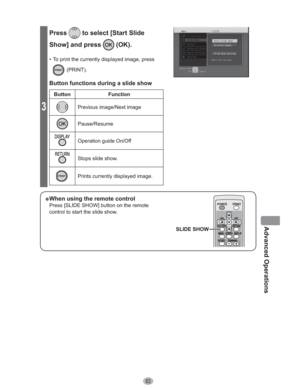 Page 6363
Advanced Operations
3
Press to select [Start Slide 
Show] and press 
 (OK).
•  To print the currently displayed image, press 
 (PRINT).
Button functions during a slide show
Button Function
Previous image/Next image
Pause/Resume
Operation guide On/Off
Stops slide show.
Prints currently displayed image.
” When using the remote control
Press [SLIDE SHOW] button on the remote 
control to start the slide show.
SLIDE SHOW 