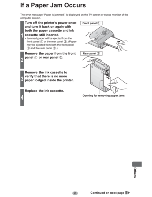 Page 9191
Others
If a Paper Jam Occurs
The error message “Paper is jammed.” is displayed on the TV screen or status monitor of the 
computer screen.
1
Turn off the printer’s power once 
and turn it back on again with 
both the paper cassette and ink 
cassette still inserted.
•  Jammed paper will be ejected from the 
front panel 
 or the rear panel . (Paper 
may be ejected from both the front panel 
 and the rear panel .)
Opening for removing paper jams Front panel 
Rear panel 
2
Remove the paper from the front...