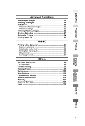 Page 5Before Use Preparation
Others Printing Changing 
SettingsAdvanced 
OperationsWith PC
5
Advanced Operations
Searching for Images  ............................................................ 55
Selecting All Images  .............................................................. 58
Slide Show  .............................................................................. 60
Slide show of selected images  ................................................... 62
Slide show settings...