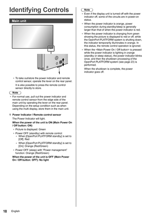 Page 18English18
   
Identifying Controls
 
 
Main unit
 
●  
To take out/store the power indicator and remote 
control sensor, operate the lever on the rear panel.
  It is also possible to press the remote control 
sensor directly to store.
  Note
●  
For normal use, pull out the power indicator and 
remote control sensor from the edge side of the 
