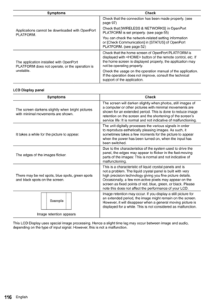 Page 11611 6
SymptomsCheck
Applications cannot be downloaded with  OpenPort 
PLATFORM. Check that the connection has been made properly. (see 
page 97)
Check that [WIRELESS & NETWORKS
] in OpenPort 
PLATFORM is set properly. (see page 55)
You can check the network-related setting information 
or [Check Communication ] in [STATUS] of OpenPort 
PLATFORM. (see page 52)
The application installed with  OpenPort 
PLATFORM does not operate, or the operation is 
unstable. Check that the home screen of OpenPort PLATFORM...