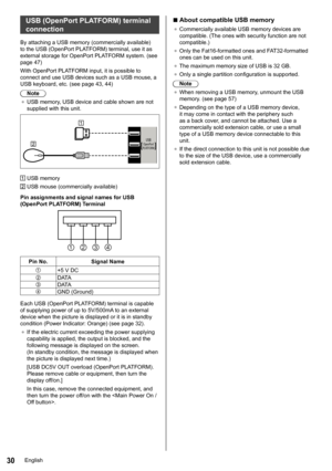 Page 3030
USB (OpenPort PLATFORM) terminal 
connection
By attaching a USB memory (commercially available) 
to the USB (OpenPort PLATFORM) terminal, use it as 
external storage for OpenPort PLATFORM system. (see 
page 47)
With OpenPort PLATFORM input, it is possible to 
connect and use USB devices such as a USB mouse, a 
USB keyboard, etc. (see page  43, 44)
Note
●	 USB memory, USB device and cable shown are not 
supplied with this unit.
USBOpenPort
PLATFORM
    USB memory
   USB mouse (commercially available)...