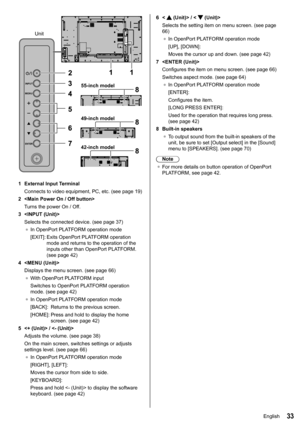 Page 3333
INPUT
MENU
ENTER
8
8
8
Unit
55-inch model
49-inch model
42-inch model
1  External Input Terminal
Connects to video equipment, PC, etc. (see page  19)
2 
Turns the power On / Off.
3  Selects the connected device. (see page  37)
●	 In OpenPort PLATFORM operation mode
[EXIT]:   Exits  OpenPort PLATFORM operation 
mode and returns to the operation of the 
inputs other than OpenPort PLATFORM. 
(see page  42)
4  Displays the menu screen. (see page  66)
●	 With OpenPort PLATFORM input 
Switches to OpenPort...