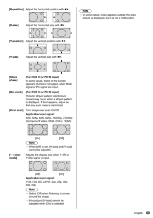 Page 6969
[H-position]Adjust the horizontal position with  .
 
[H-size] Adjust the horizontal size with 
 .
[V-position]Adjust the vertical position with  .
[V-size] Adjust the vertical size with  .
[Clock 
phase](For RGB IN or PC IN input)
In some cases, frame of the screen 
appears blurred or smudged, when RGB 
signal or PC signal are input.
[Dot clock] (For RGB IN or PC IN input)
Periodic striped pattern interference 
(noise) may occur when a striped pattern 
is displayed. If this happens, adjust so 
that...