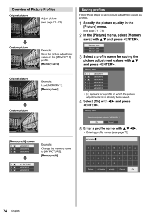 Page 7474
Overview of Picture Profiles
Original pictureAdjust picture.
(see page 71 - 73)
Custom pictureExample:
Save the picture adjustment 
values in the [MEMORY 1] 
profile.
[Memory save ]
Original picture
Example:
Load [MEMORY 1].
[Memory load]
Custom picture
[Memory edit] screen
1. [    ]
2. [    ]
3. [    ] MEMORY1
MEMORY2
MEMORY3Example:
Change the memory name 
to [MY PICTURE].
[Memory edit]
1. [    ]
2. [    ]
3. [    ]MY PICTURE
MEMORY2
MEMORY3
Saving profiles
Follow these steps to save picture...