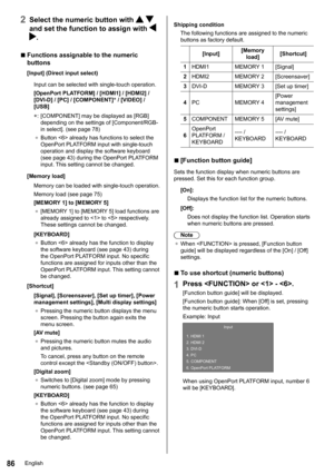 Page 8686
2Select the numeric button with   
and set the function to assign with 
 
.
 
■Functions assignable to the numeric 
buttons
[Input ] (Direct input select)
Input can be selected with single-touch operation.
[OpenPort PLATFORM] / [ HDMI1] / [HDMI2] /  
[DVI-D] / [ PC] / [COMPONENT] *
 / [ VIDEO] / 
[USB]
*:   [COMPONENT] may be displayed as [RGB]  depending on the settings of [ Component/RGB-
in select]. (see page 78)
●	 Button  already has functions to select the 
OpenPort PLATFORM input with...