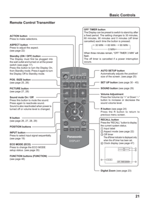 Page 2121
Basic Controls
Standby (ON / OFF) button
The Display must  rst be plugged into 
the wall outlet and turned on at the power 
switch (see page 17).
Press this button to turn the Display On, 
from Standby mode. Press it again to turn 
the Display Off to Standby mode.
ACTION button
Press to make selections.
ASPECT button
Press to adjust the aspect. 
(see page 22)
POS. /SIZE button 
(see page 25, 26)
PICTURE button 
(see page 27, 28)
Sound mute On / Off 
Press this button to mute the sound.
Press again to...