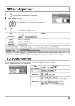 Page 290
0
0
SOUND
NORMALNORMALIZESTANDARD1/2
OFF TREBLE AUDIO MENU
BALANCEBASS
SURROUND
29
SOUND Adjustment
Note: BASS, TREBLE and SURROUND settings are memorized separately for each AUDIO MENU.
1Press to display the SOUND menu.
Press to select the menu to adjust.
Select the desired level by listening to the sound.
Press to exit from adjust mode.
2Select to adjust each item.
While the “SOUND” menu is displayed, if either the N button on the remote control is pressed at any time or the ACTION 
(
  ) button is...