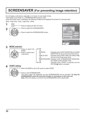 Page 32SCREENSAVER 
START 
MODEOFF
PRESENT  TIME OF DAY    MON 0 : 02
1/2
SIGNAL
INPUT LABEL
ECO MODE SETTINGS
WOBBLING
SET UP
OFF
COMPONENT/RGB-IN SELECT
RGB SCREENSAVER
NO ACTIVITY POWER OFF
DISABLE
OSD LANGUAGEENGLISH (
US)
32
Do not display a still picture, especially in 4:3 mode, for any length of time.
If the display must remain on, a SCREENSAVER should be used.
When the screen saver is operating, the following 5 patterns are displayed full screen for 5 seconds each. 
Black
Dark Gray
Gray
Light Gray...