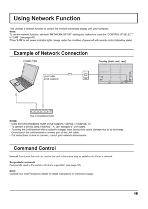 Page 4949
Using Network Function
This unit has a network function to control the network connected display with your computer.
Note:
To use the network function, set each “NETWORK SETUP” setting and make sure to set the “CONTROL I/F SELECT” 
to “LAN”. (see page 45)
When “LAN” is set, power indicator lights orange under the condition of power off with remote control (stand-by state).
Example of Network Connection
Command Control
Display (main unit, rear)
Hub or broadband routerLAN cable
(not supplied)
Notes:
•...