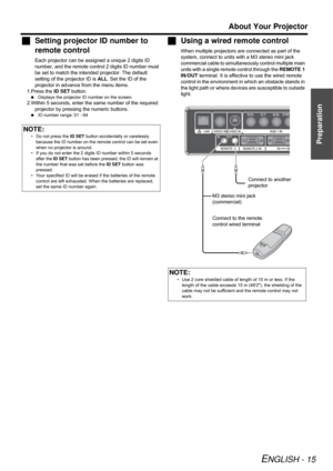 Page 15Preparation
About Your Projector
ENGLISH - 15
Setting projector ID number to 
remote control
Each projector can be assigned a unique 2 digits ID 
number, and the remote control 2 digits ID number must 
be set to match the intended projector. The default 
setting of the projector ID is ALL. Set the ID of the 
projector in advance from the menu items.
1.Press the ID SET button.
Displays the projector ID number on the screen.
2.Within 5 seconds, enter the same number of the required 
projector by pressing...