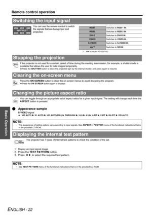 Page 22Basic Operation
Remote control operation
ENGLISH - 22
You can use the remote control to switch 
the signals that are being input and 
projected.
If the projector is not used for a certain period of time during the meeting intermission, for example, a shutter mode is 
available that allows the user to hide images temporarily.
Press the SHUTTER button to block the projected light by the internal shutter, and press again to resume.
Press the ON SCREEN button to clear the on-screen menus to avoid disrupting...