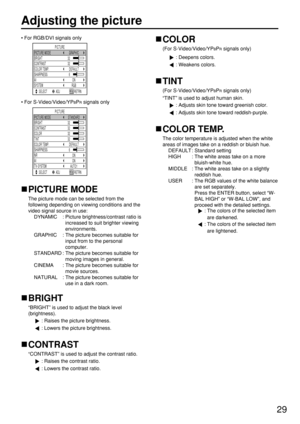 Page 2929
Adjusting the picture
• For RGB/DVI signals only
• For S-Video/Video/YP
BPRsignals only
PICTURE MODE
The picture mode can be selected from the
following depending on viewing conditions and the
video signal source in use:
DYNAMIC : Picture brightness/contrast ratio is
increased to suit brighter viewing
environments.
GRAPHIC : The picture becomes suitable for
input from to the personal
computer.
STANDARD : The picture becomes suitable for
moving images in general.
CINEMA : The picture becomes suitable...