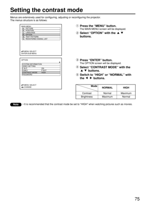 Page 7575
Menus are extensively used for configuring, adjusting or reconfiguring the projector.
The menus structure is as follows:
Setting the contrast mode
OPTION
  SYSTEM INFORMATION
  VIDEO SETTING
  P IN P ON
  FUNC1 P IN P
  CONTRAST MODE HIGH
  PASSWORD
     :MENU SELECT    
     :CHANGE
MAIN MENU
         PICTURE
         POSITION
         LANGUAGE
         OPTION
         TEST PATTERN
         RESISTERED SIGNAL LIST
     :MENU SELECT    
ENTER:SUB MENUPress the “MENU” button.
The MAIN MENU screen will...