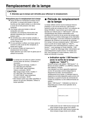 Page 113113
Remplacement de la lampe
Précautions pour le remplacement de la lampe
Soyez prudent en manipulant la lampe source
de lumière. La lampe peut éclater si elle est
heurtée par des objets solides ou si elle tombe
à cause de la forte pression dair dans
lampoule.
Une lampe usée peut éclater si elle est
manipulée sans soin.
Contactez une entreprise dévacuation des
déchets industriels pour lenlèvement des
lampes usées.
Ne remettez pas à zéro la durée cumulée, à
moins que le bloc lampe nait été remplacé par
un...