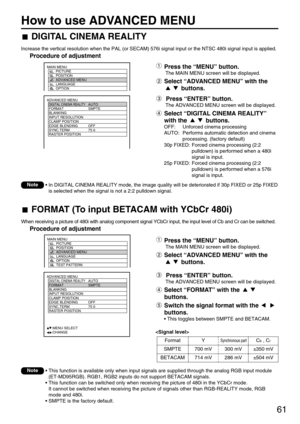 Page 6161
How to use ADVANCED MENU
ADVANCED MENU
  DIGITAL CINEMA REALITYAUTO
  FORMAT SMPTE
  BLANKING
  INPUT RESOLUTION
  CLAMP POSITION
  EDGE BLENDING OFF
  SYNC.TERM 75 
  RASTER POSITION
     :MENU SELECT
     :CHANGE
MAIN MENU
         PICTURE
         POSITION
         ADVANCED MENU
         LANGUAGE
         OPTION
         TEST PATTERNPress the “MENU” button.
The MAIN MENU screen will be displayed.
Select “ADVANCED MENU” with the
buttons.
Press “ENTER” button.
The ADVANCED MENU screen will be...