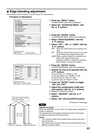 Page 6565
ADVANCED MENU
  DIGITAL CINEMA REALITYAUTO
  FORMAT SMPTE
  BLANKING
  INPUT RESOLUTION
  CLAMP POSITION
  EDGE BLENDING ON
  SYNC.TERM 75 
  RASTER POSITION
     :MENU SELECT
     :CHANGE       ENTER:SUB MENU
MAIN MENU
         PICTURE
         POSITION
         ADVANCED MENU
         LANGUAGE
         OPTION
         TEST PATTERN
         SIGNAL LIST
         SECURITY
EDGE BLENDING
  UPPER START 0
 OFF WIDTH 128
  LOWER START 0
 OFF WIDTH 128
  LEFT START 0
 OFF WIDTH 128
  RIGHT START 0
 OFF WIDTH...