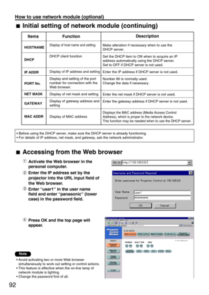 Page 9292
How to use network module (optional)
• Avoid activating two or more Web browser
simultaneously to work out setting or control actions.
• This feature is effective when the on-line lamp of
network module is lighting.
• Change the password first of all.
Items FunctionDescription
HOSTNAME
DHCP
IP ADDR
PORT No.
NET MASK
GATEWAY
MAC ADDRMake alteration if necessary when to use the 
DHCP server.
Set the DHCP item to ON when to acquire an IP 
address automatically using the DHCP server. 
Set to OFF if DHCP...